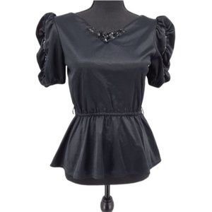 VTG 80s News From California Black Satin Sequin Puff Sleeve Peplum Blouse S